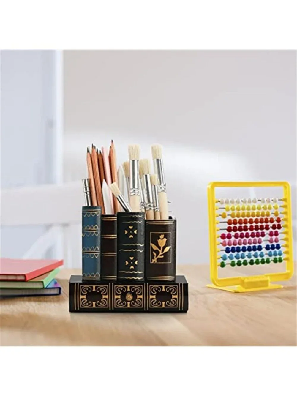 Decorative Pen Holder with Storage Drawer, Wooden Pencil Holder